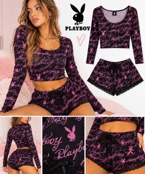 Y2K Playboy Pink Script 2-Piece Lounge Set – M